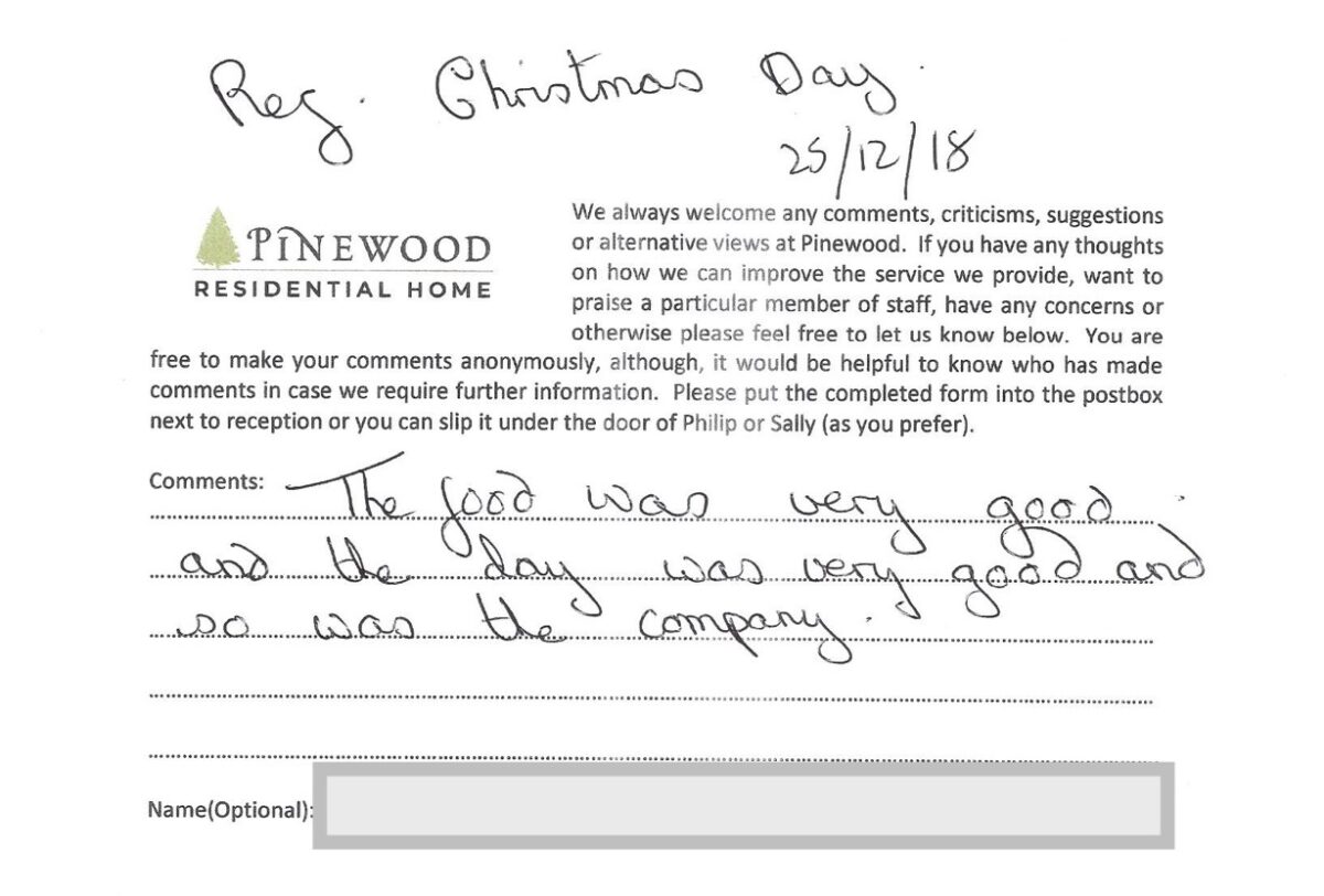 Pinewood residential nursing care home Devon testimonial