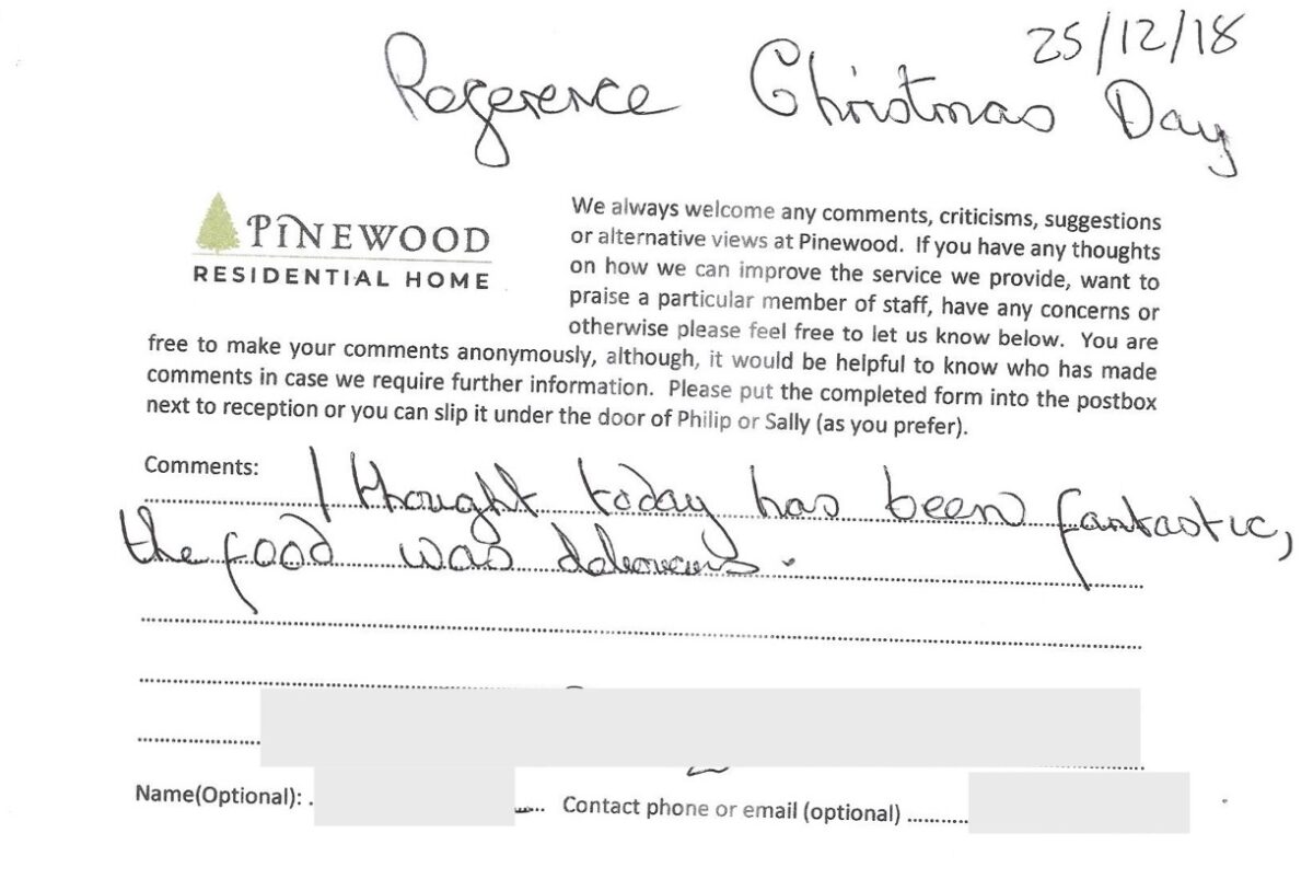 Pinewood residential nursing care home Devon testimonial