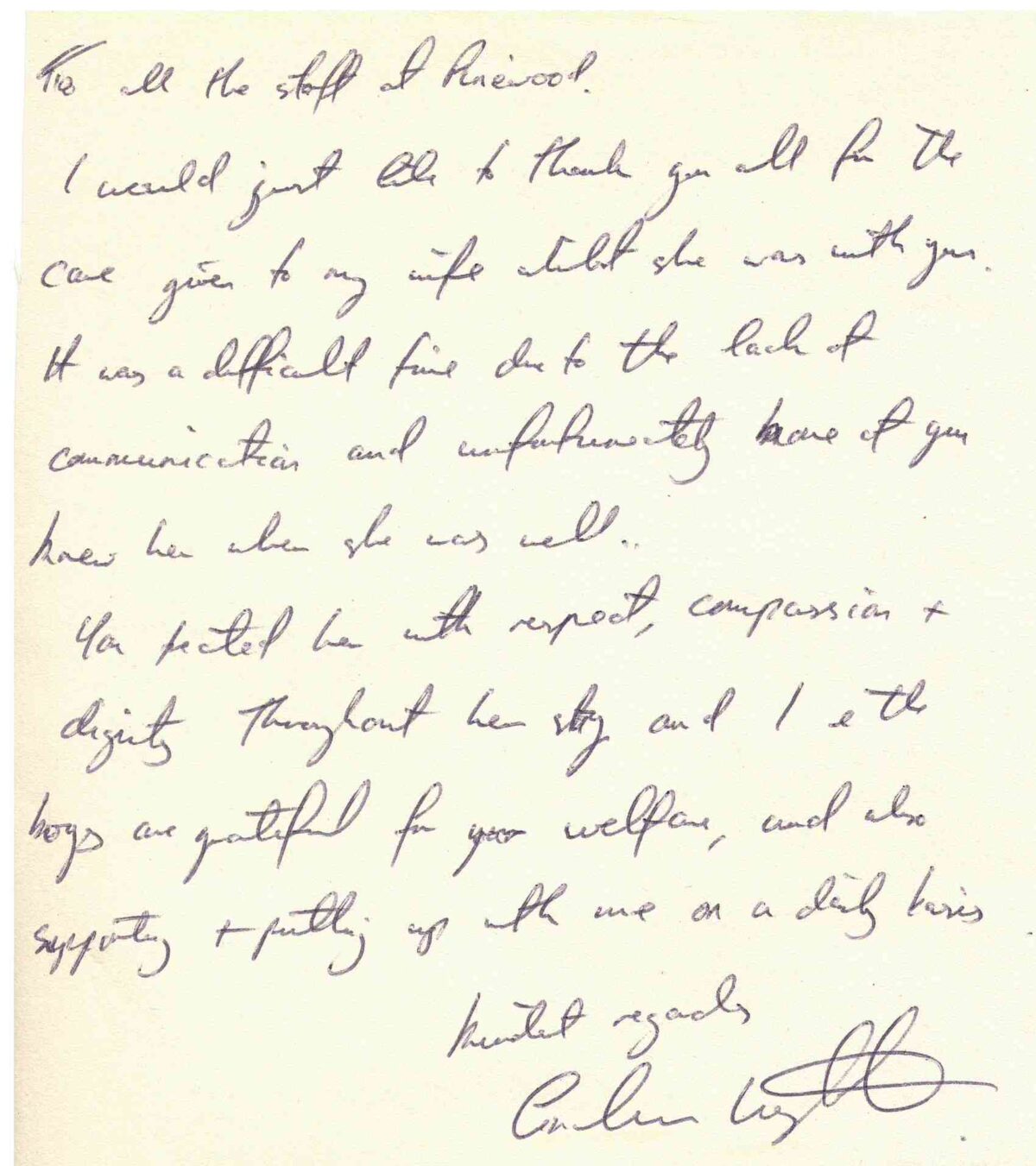 Pinewood residential nursing care home Devon testimonial