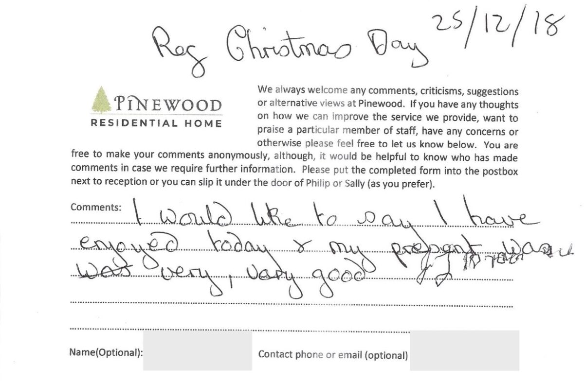 Pinewood residential nursing care home Devon testimonial