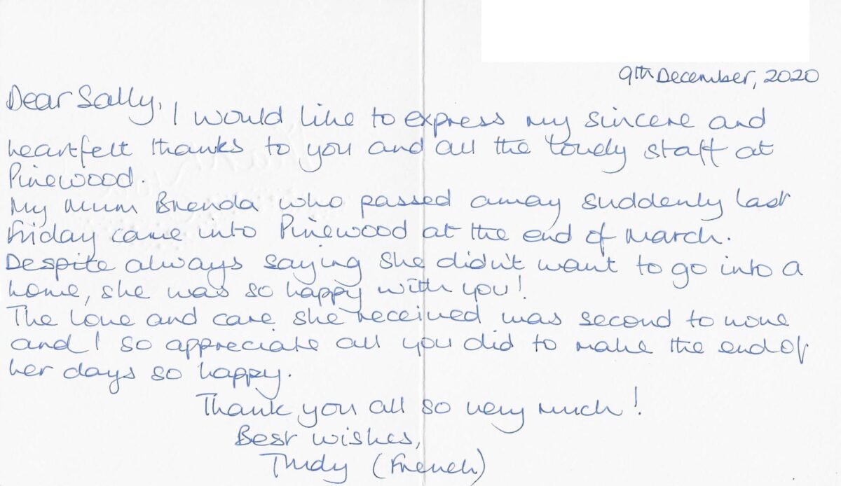 Pinewood residential nursing care home Devon testimonial